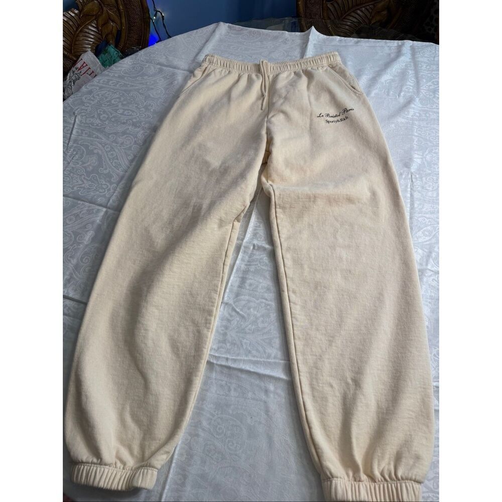 Sporty & Rich Le Bristol Paris Sweatpants Cream Fleece Jogger Pants Size XL